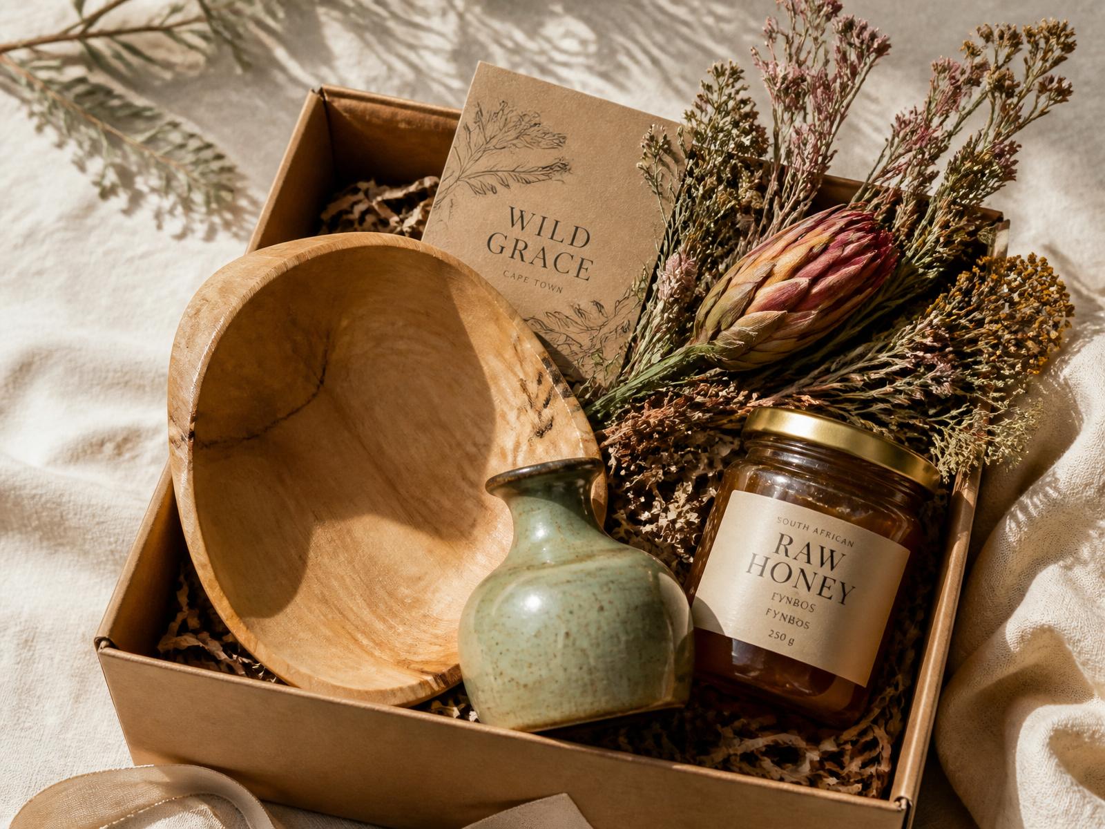 A Fynbox gift box with a hand-carved wooden bowl, sage ceramic vessel, raw honey, and dried fynbos on soft linen.